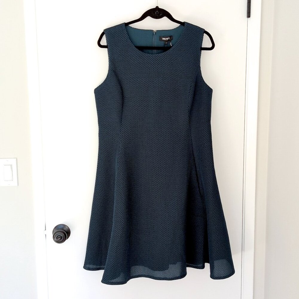 DKNY dark teal green fit and flare mesh net overlay tank dress 16 NWT business